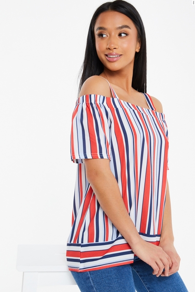 Petite White Red and Blue Stripe Cold Shoulder Top